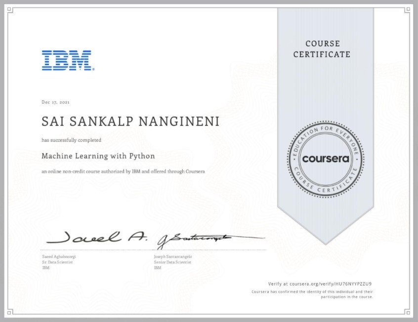 IBM Python Machine Learing certificate to Sai Sankalp