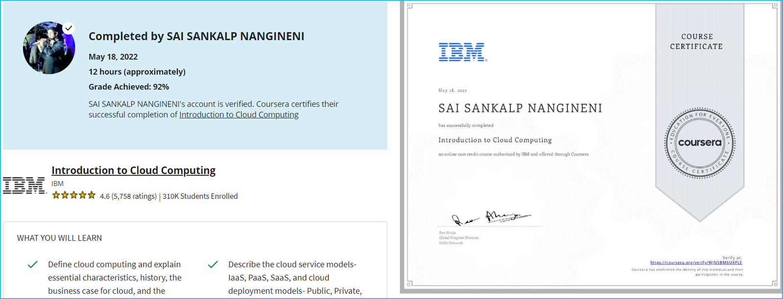 Cloud Computing Sai Sankalp Coursera Certificate