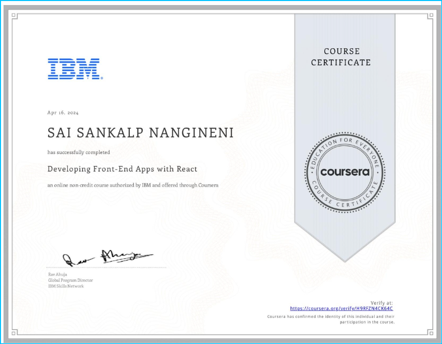Development with Frontend with React Coursera Certificate Sai Sankalp nangineni