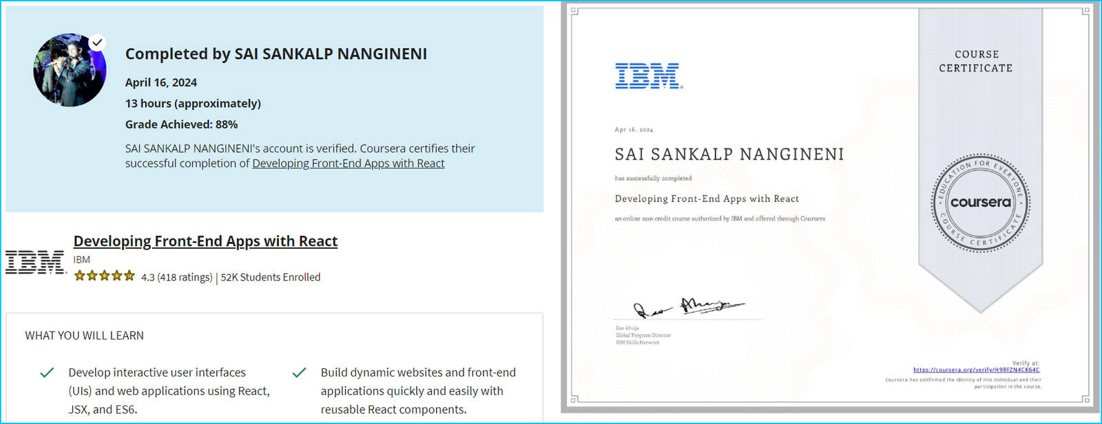React Coursera sai Sankalp certificate