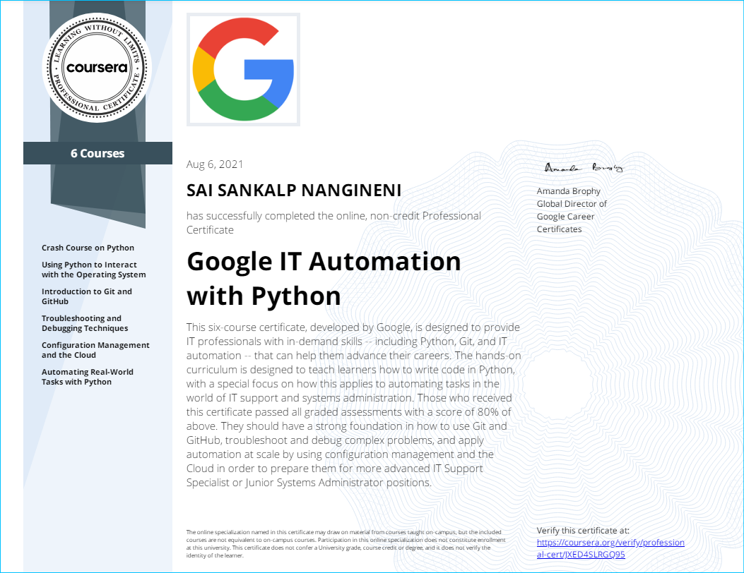 Sankalp Python Certification from Google