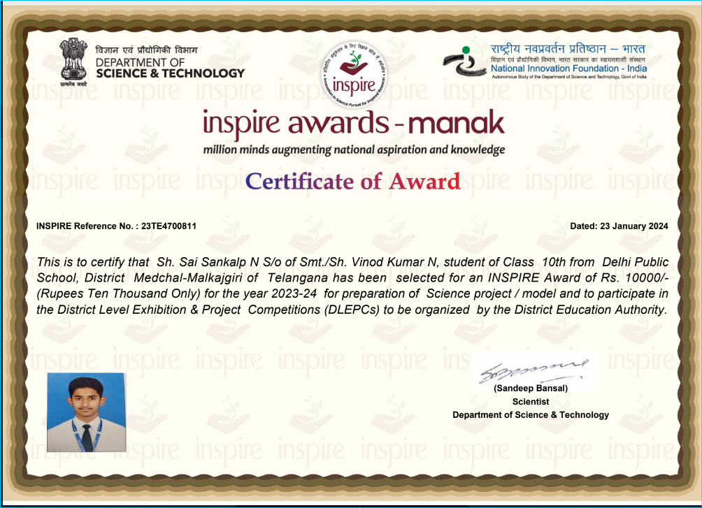 Sai Sankalp Merit Certificate from Govt of India.